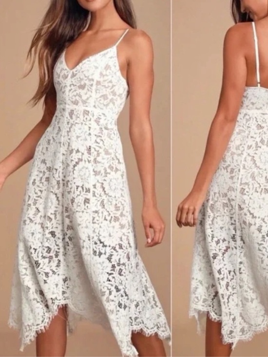 Lulus Dresses & Skirts - Lulu’s One Wish White Lace Midi Dress Handkerchief Hem Women’s Large